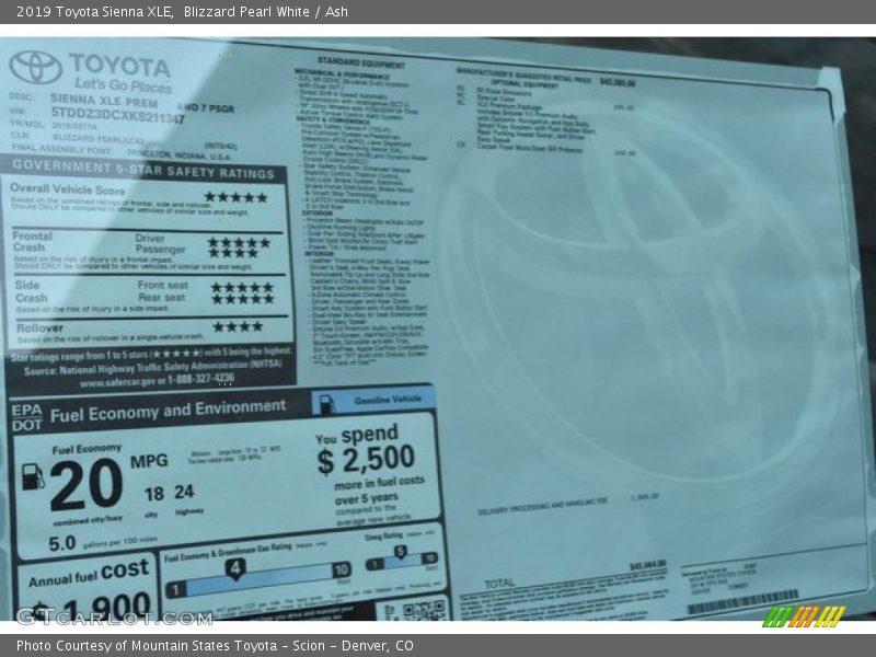 Blizzard Pearl White / Ash 2019 Toyota Sienna XLE
