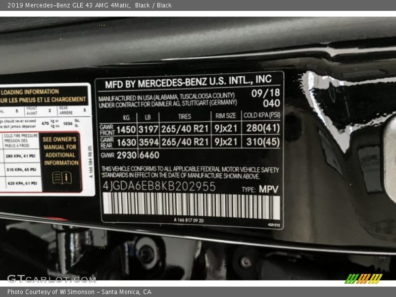2019 GLE 43 AMG 4Matic Black Color Code 040