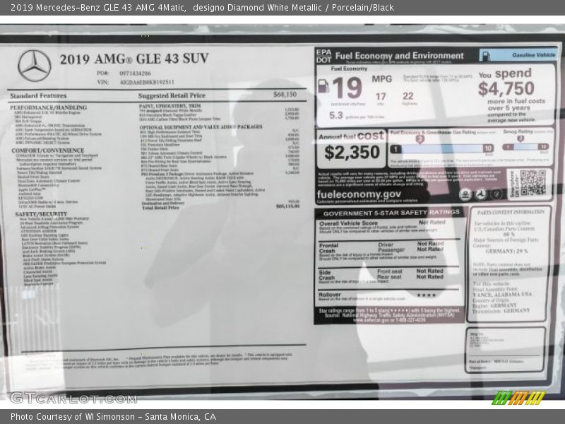  2019 GLE 43 AMG 4Matic Window Sticker