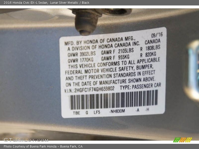 Lunar Silver Metallic / Black 2016 Honda Civic EX-L Sedan