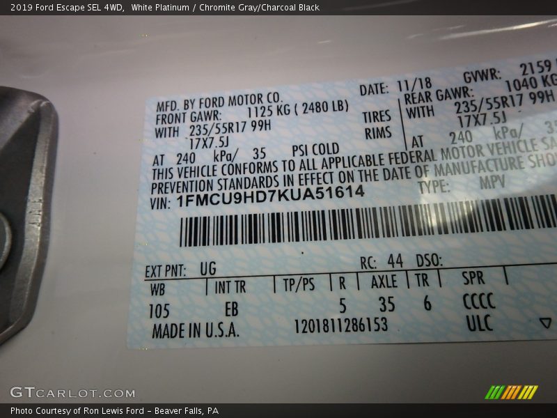 2019 Escape SEL 4WD White Platinum Color Code UG