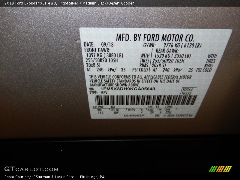 2019 Explorer XLT 4WD Ingot Silver Color Code UX