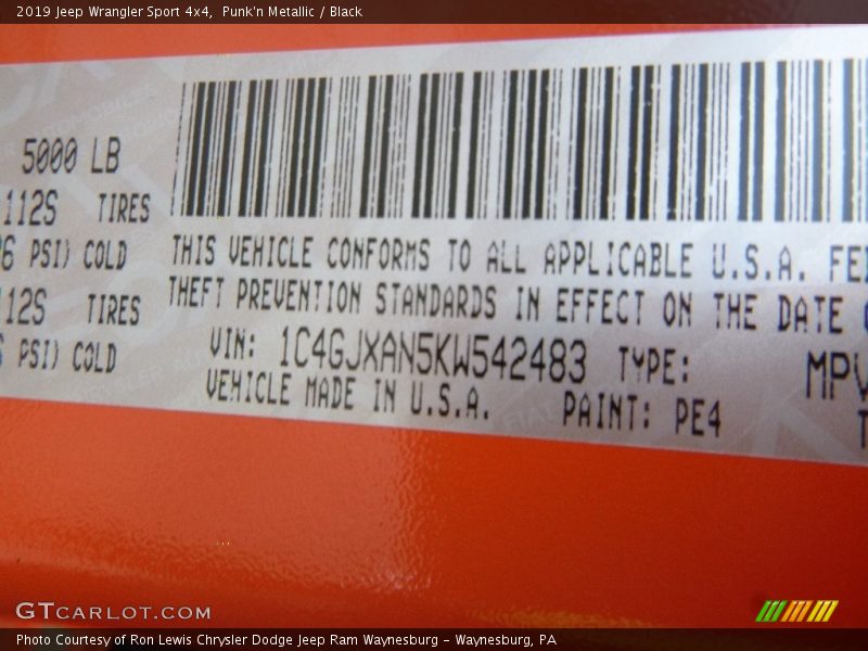 Punk'n Metallic / Black 2019 Jeep Wrangler Sport 4x4