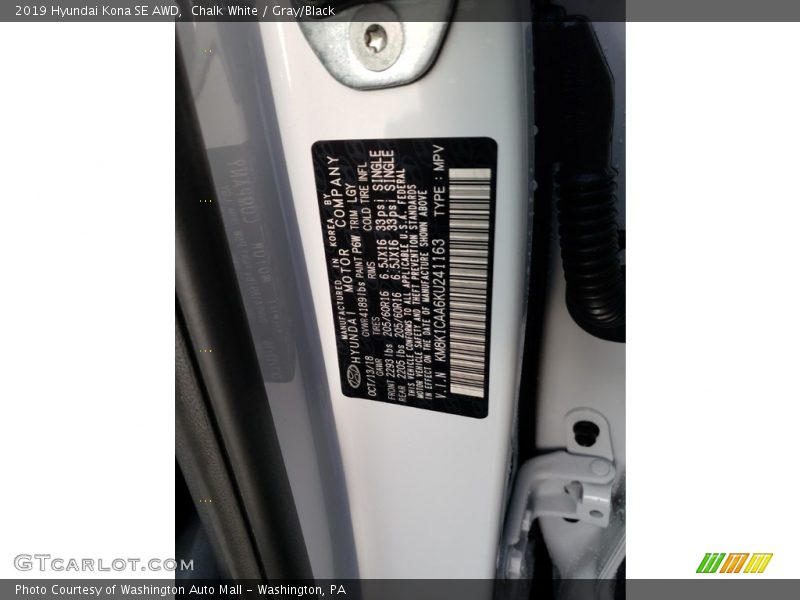 Chalk White / Gray/Black 2019 Hyundai Kona SE AWD