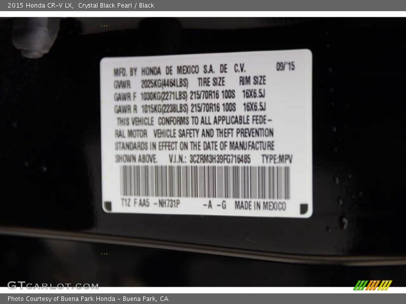 Crystal Black Pearl / Black 2015 Honda CR-V LX