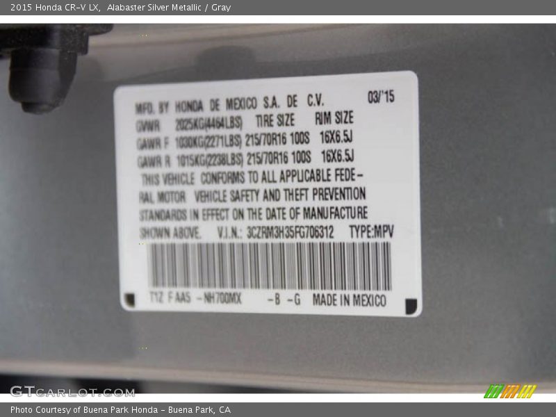 Alabaster Silver Metallic / Gray 2015 Honda CR-V LX