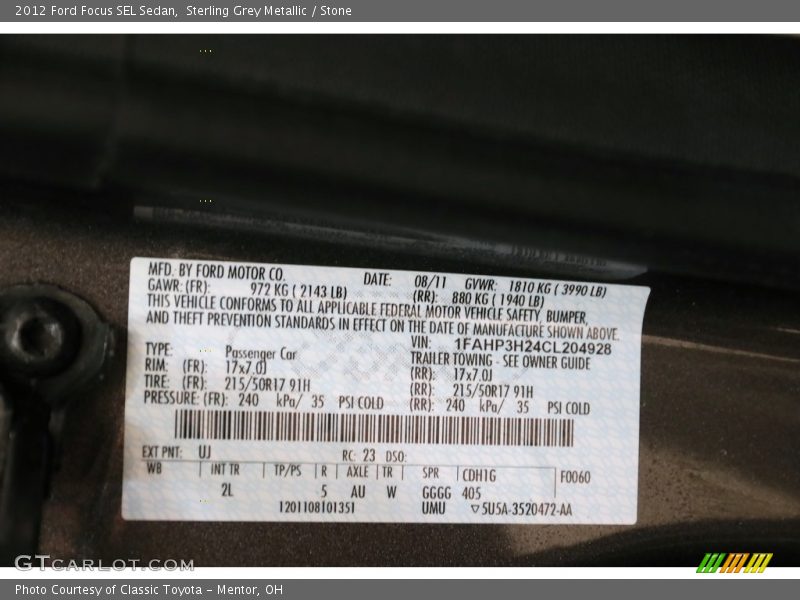 Sterling Grey Metallic / Stone 2012 Ford Focus SEL Sedan