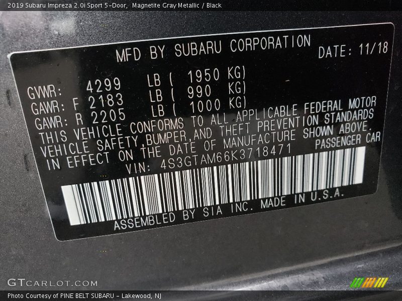 Magnetite Gray Metallic / Black 2019 Subaru Impreza 2.0i Sport 5-Door
