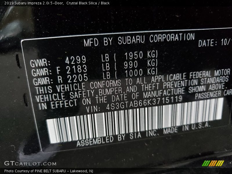 Crystal Black Silica / Black 2019 Subaru Impreza 2.0i 5-Door