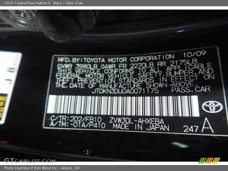 Black / Dark Gray 2010 Toyota Prius Hybrid II