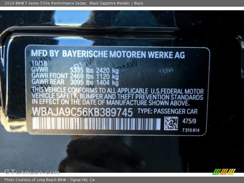 Black Sapphire Metallic / Black 2019 BMW 5 Series 530e iPerformance Sedan