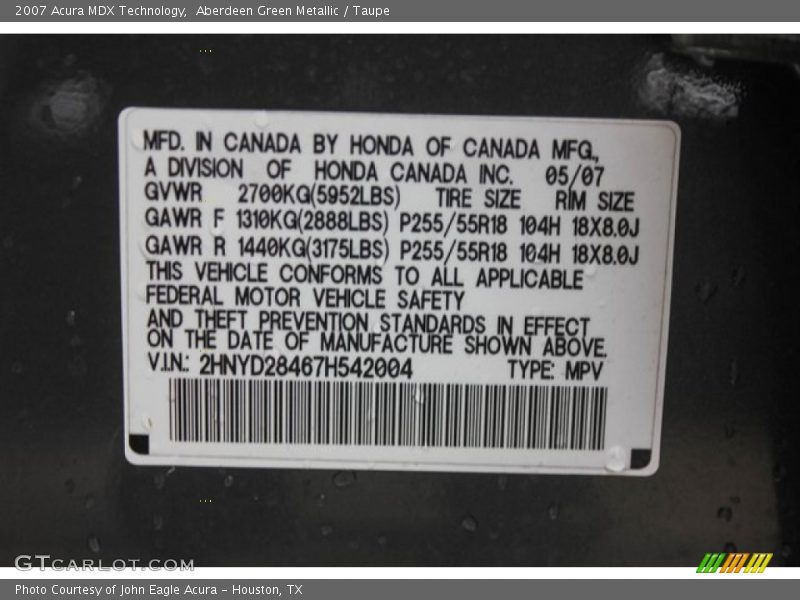 Aberdeen Green Metallic / Taupe 2007 Acura MDX Technology