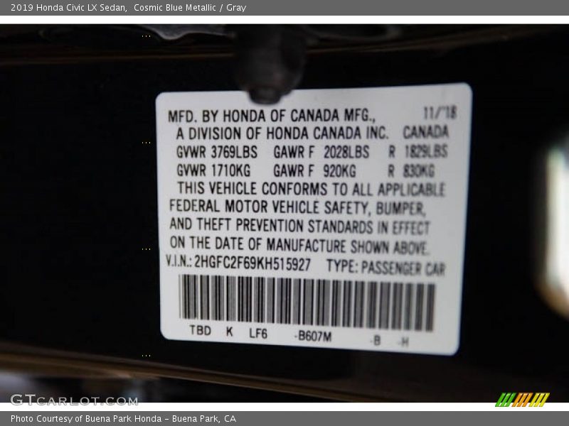 Cosmic Blue Metallic / Gray 2019 Honda Civic LX Sedan