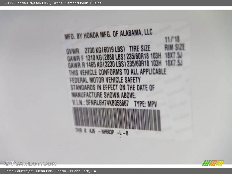 White Diamond Pearl / Beige 2019 Honda Odyssey EX-L