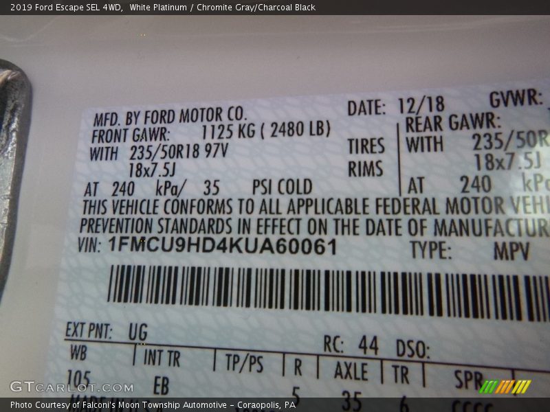 2019 Escape SEL 4WD White Platinum Color Code UG