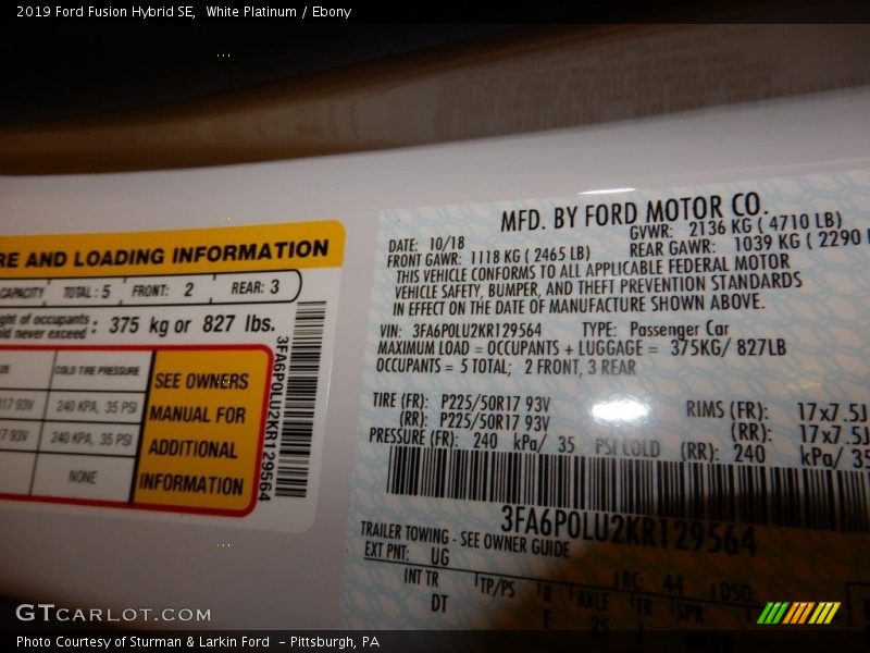 White Platinum / Ebony 2019 Ford Fusion Hybrid SE
