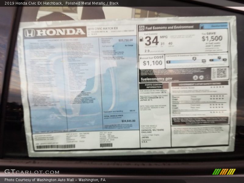 Polished Metal Metallic / Black 2019 Honda Civic EX Hatchback