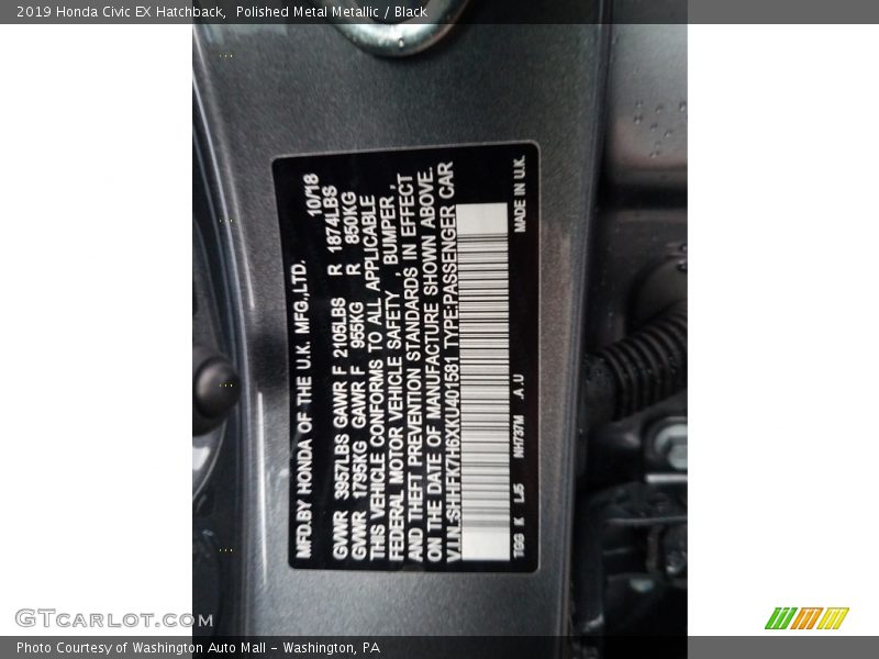 Polished Metal Metallic / Black 2019 Honda Civic EX Hatchback