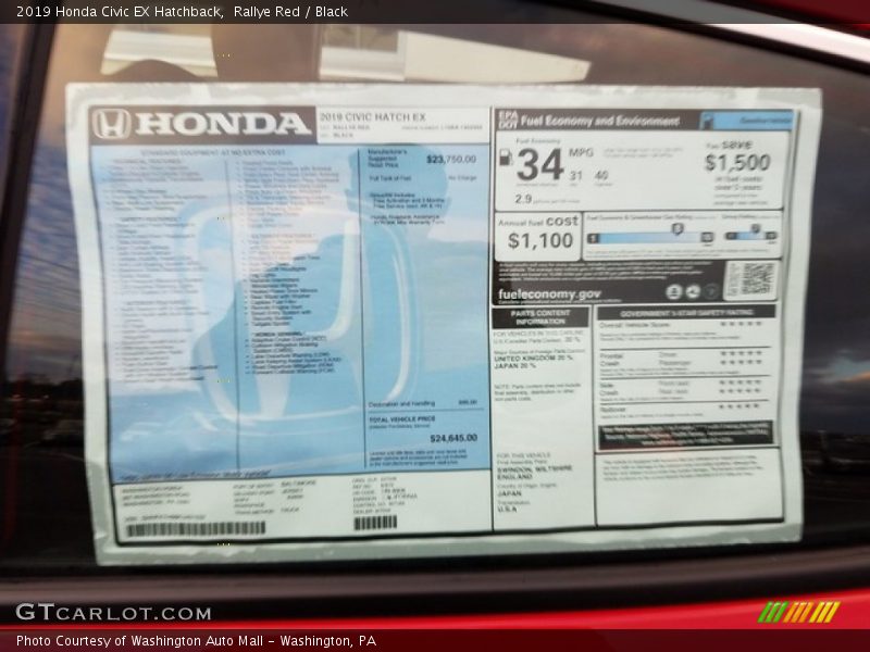  2019 Civic EX Hatchback Window Sticker