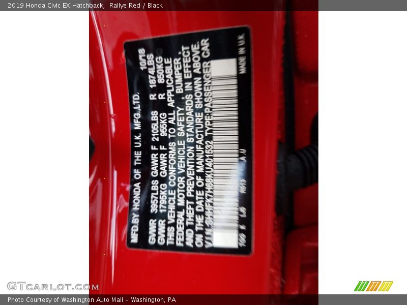 Rallye Red / Black 2019 Honda Civic EX Hatchback