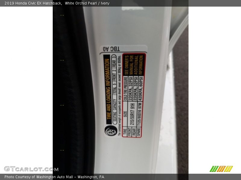 Info Tag of 2019 Civic EX Hatchback