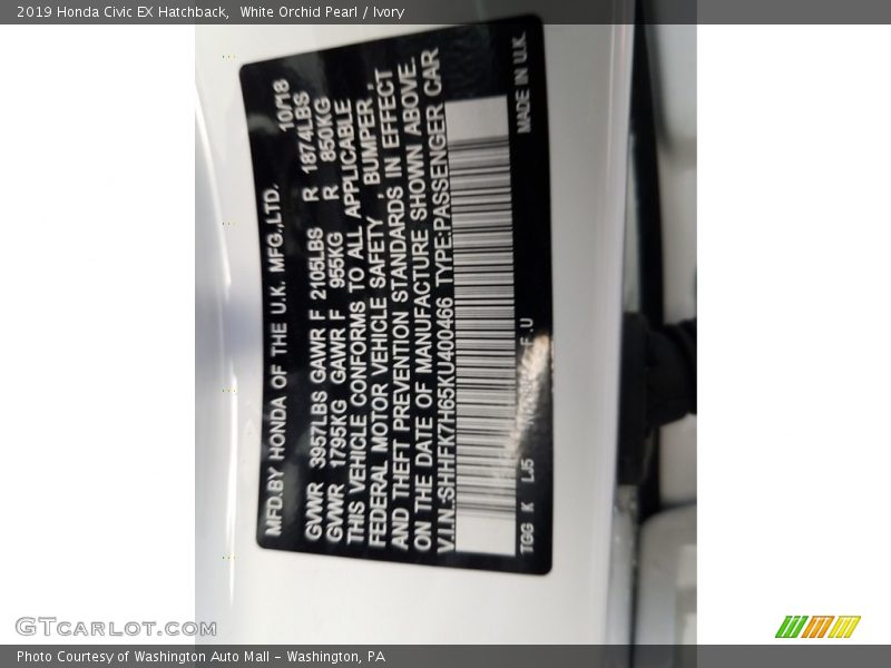 White Orchid Pearl / Ivory 2019 Honda Civic EX Hatchback