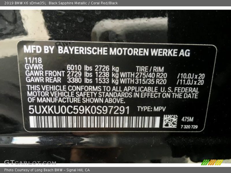 Black Sapphire Metallic / Coral Red/Black 2019 BMW X6 sDrive35i