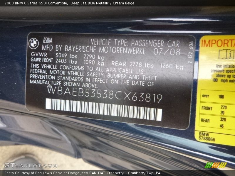 Deep Sea Blue Metallic / Cream Beige 2008 BMW 6 Series 650i Convertible