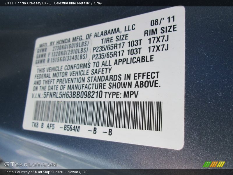 Celestial Blue Metallic / Gray 2011 Honda Odyssey EX-L