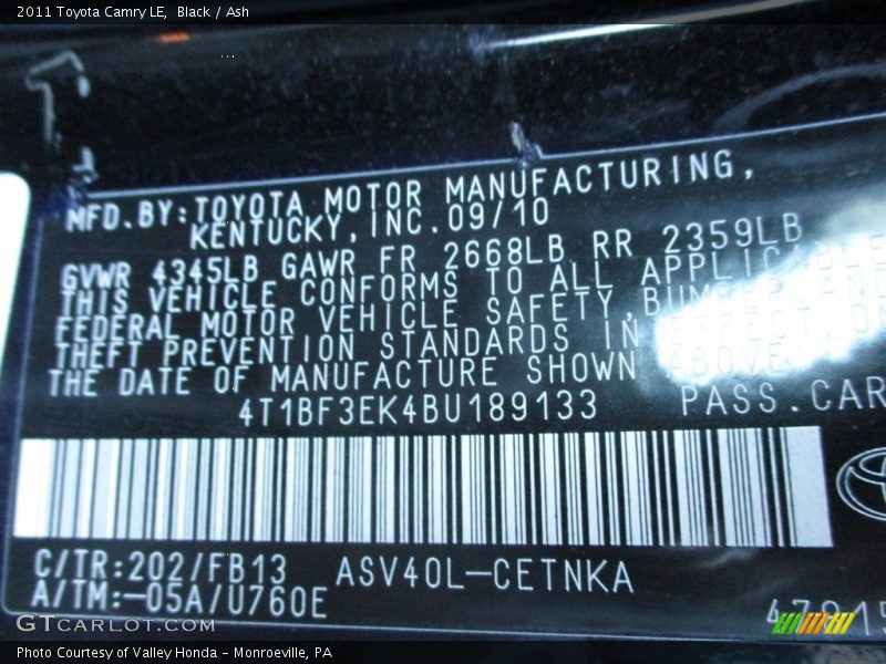 Black / Ash 2011 Toyota Camry LE