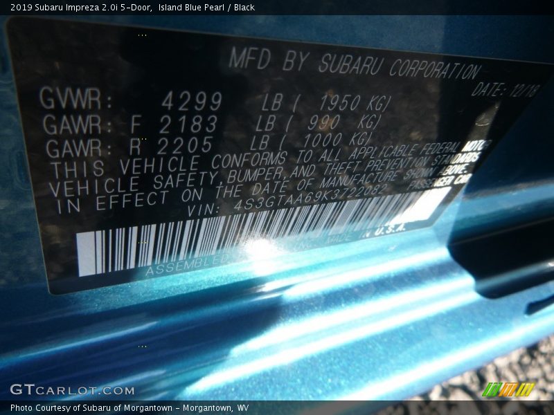 Island Blue Pearl / Black 2019 Subaru Impreza 2.0i 5-Door