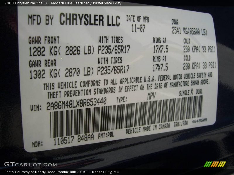 Modern Blue Pearlcoat / Pastel Slate Gray 2008 Chrysler Pacifica LX