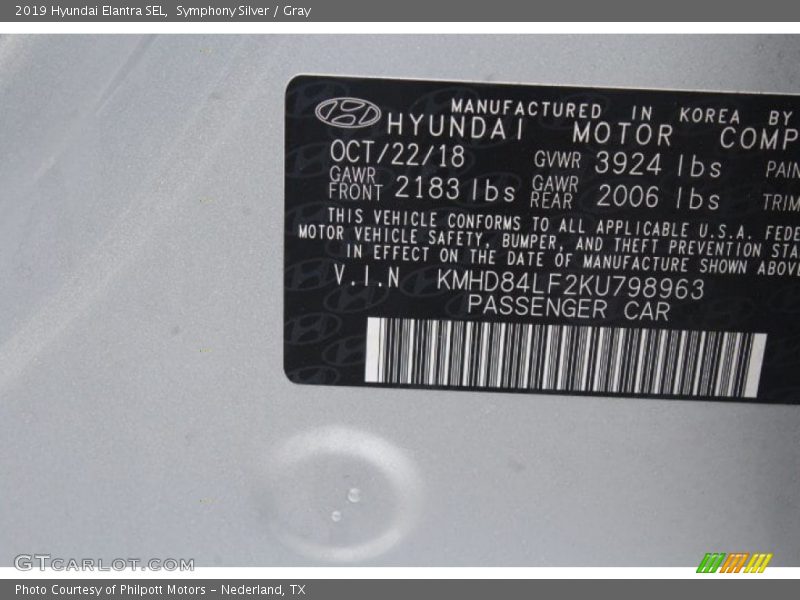 Symphony Silver / Gray 2019 Hyundai Elantra SEL