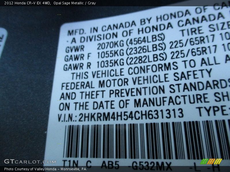 Opal Sage Metallic / Gray 2012 Honda CR-V EX 4WD