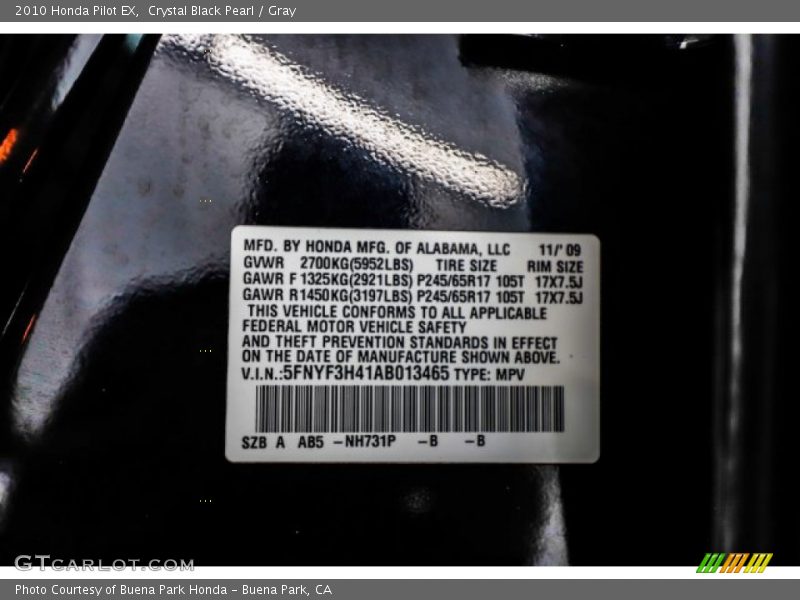 Crystal Black Pearl / Gray 2010 Honda Pilot EX