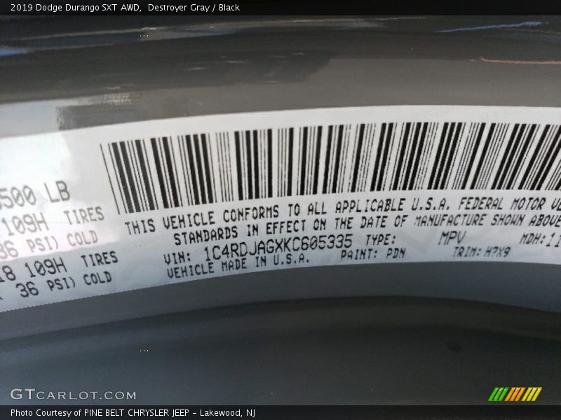 2019 Durango SXT AWD Destroyer Gray Color Code PDN