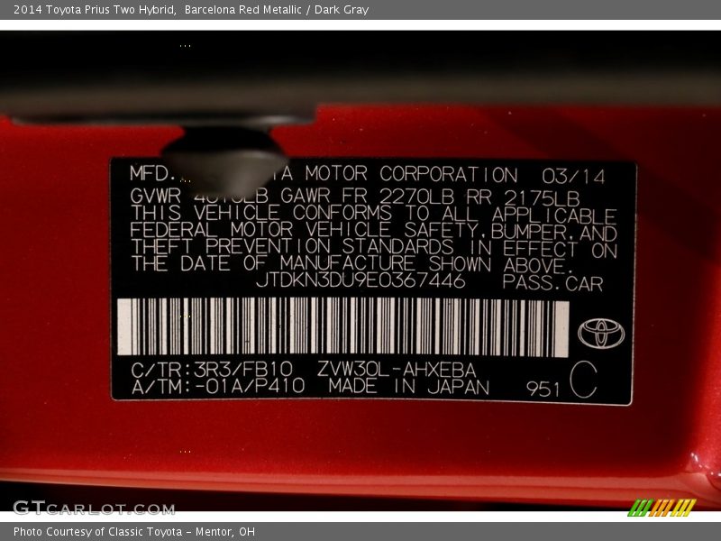 Barcelona Red Metallic / Dark Gray 2014 Toyota Prius Two Hybrid