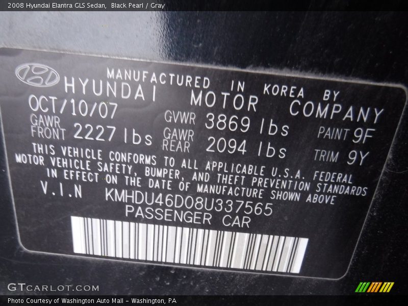 Black Pearl / Gray 2008 Hyundai Elantra GLS Sedan
