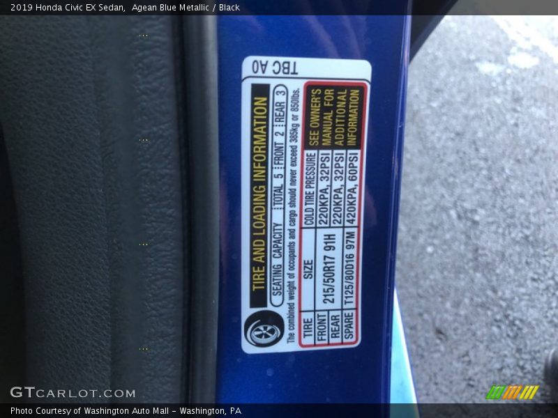 Agean Blue Metallic / Black 2019 Honda Civic EX Sedan