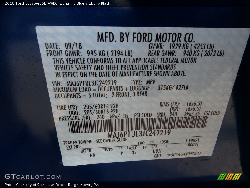 Lightning Blue / Ebony Black 2018 Ford EcoSport SE 4WD