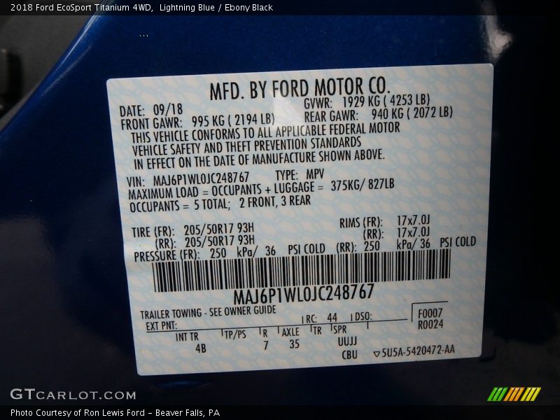 Lightning Blue / Ebony Black 2018 Ford EcoSport Titanium 4WD