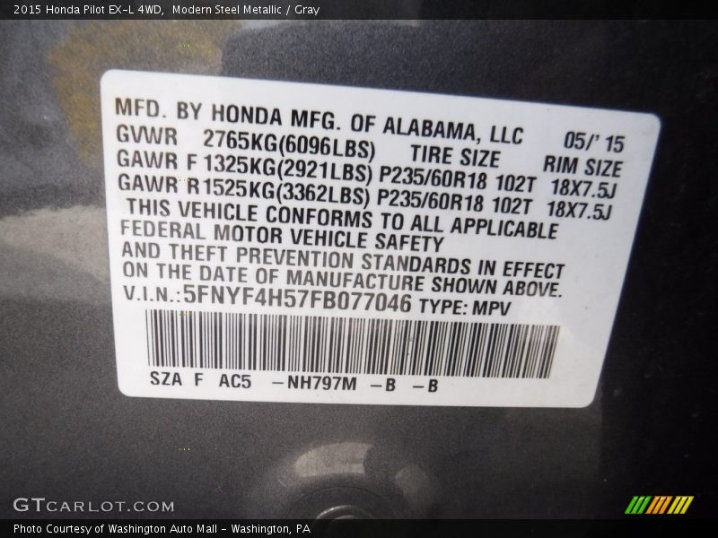 Modern Steel Metallic / Gray 2015 Honda Pilot EX-L 4WD