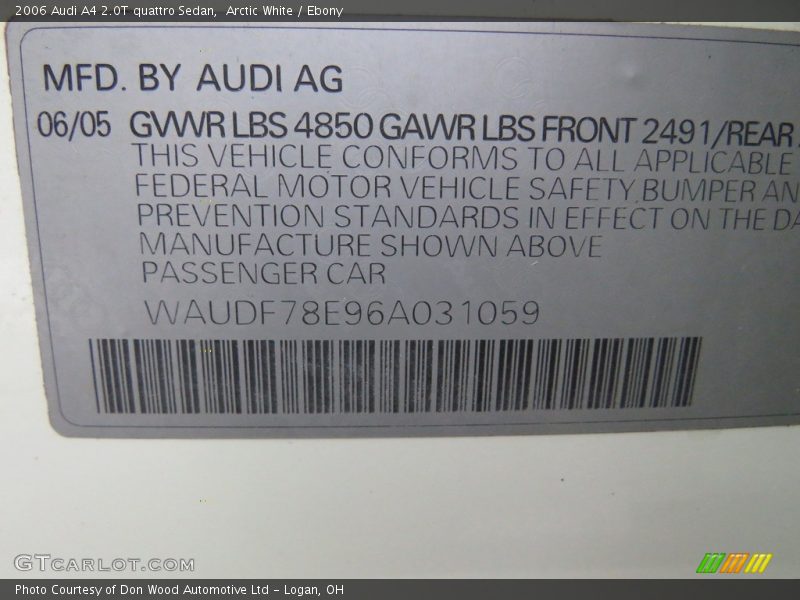 Arctic White / Ebony 2006 Audi A4 2.0T quattro Sedan