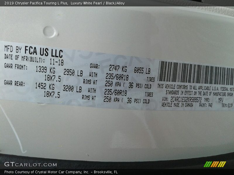 Luxury White Pearl / Black/Alloy 2019 Chrysler Pacifica Touring L Plus