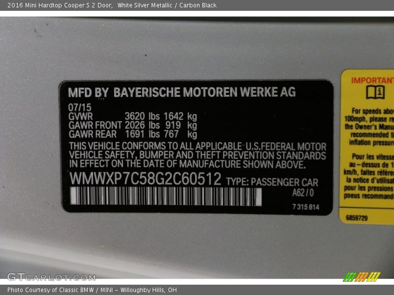 White Silver Metallic / Carbon Black 2016 Mini Hardtop Cooper S 2 Door