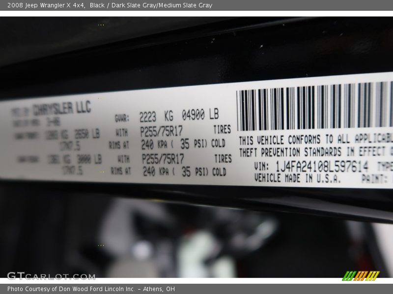 Black / Dark Slate Gray/Medium Slate Gray 2008 Jeep Wrangler X 4x4
