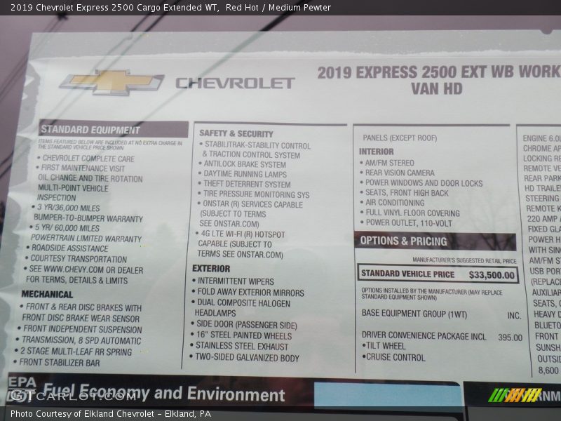 2019 Express 2500 Cargo Extended WT Window Sticker