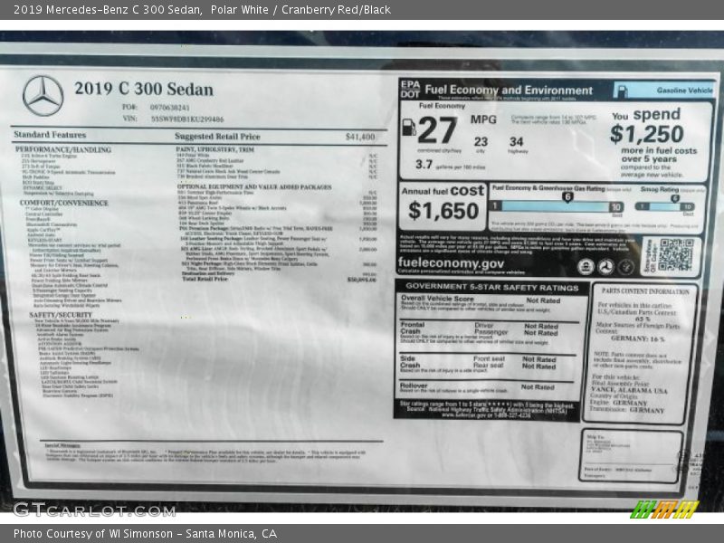 Polar White / Cranberry Red/Black 2019 Mercedes-Benz C 300 Sedan