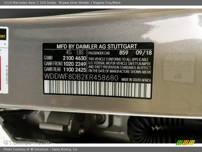 2019 C 300 Sedan Mojave Silver Metallic Color Code 859