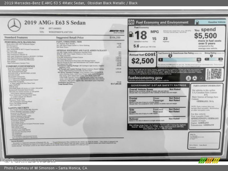  2019 E AMG 63 S 4Matic Sedan Window Sticker